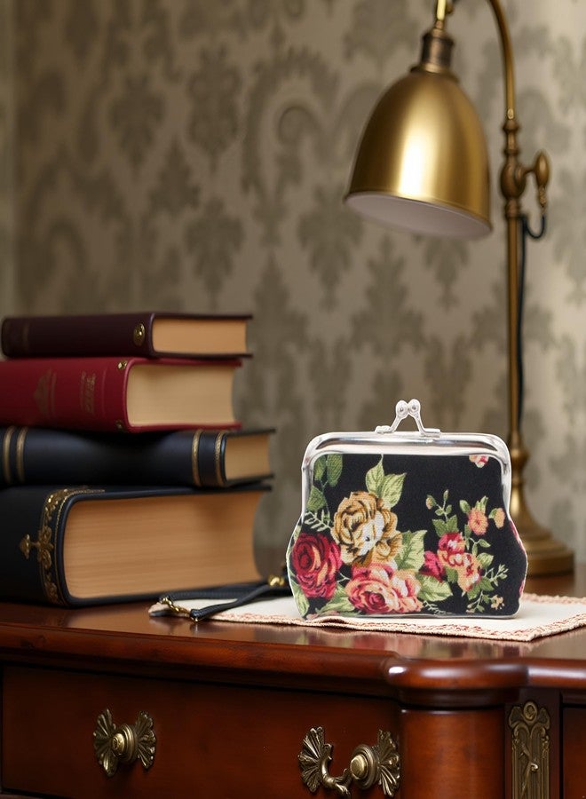 Qintreesify Cute Black Floral Buckle Coin Purses Vintage Pouch Kiss-lock Change Purse Wallets Wallets, Card Cases and Money Organizers Accessories(9cmX7cm) - Image 3